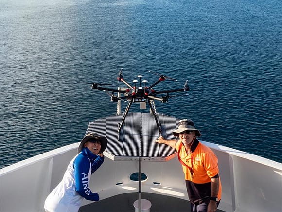 AIMS Chief Pilot, Joe Gioffre and hyperspectral research lead Dr Jon Kok conducting hyperspectral drone testing from the RV Cape Ferguson